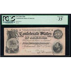 1864 $500 Confederate States of America Note PCGS 35