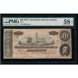 1864 $20 Confederate States of America Note PCGS 58EPQ