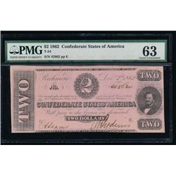 1862 $2 Confederate States of America Note PMG 63