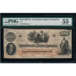 1862-63 $100 Confederate States of America Note PMG 55