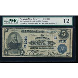 1902 $5 National Newark Banking Company Note PMG 12