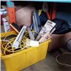 Image 1 : HARDWARE ORGANIZER. YELLOW TOTE OF EXTENSION CORDS, TOOLS, AND RAKE