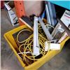 Image 2 : HARDWARE ORGANIZER. YELLOW TOTE OF EXTENSION CORDS, TOOLS, AND RAKE
