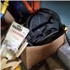 Image 3 : HARDWARE ORGANIZER. YELLOW TOTE OF EXTENSION CORDS, TOOLS, AND RAKE