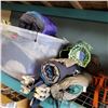 Image 1 : TOTE AND LARGE LOT OF CAMP ITEMS, TENTS, COT, SLEEPING BAG, ETC