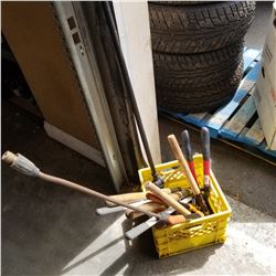 YELLOW CRATE OF PRUNERS AND GARDEN TOOLS