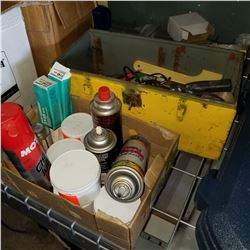 BOX LOT OF SHOP SUPPLIES AND YELLOW BOX W/ ASSORTED HAND TOOLS