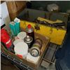 Image 1 : BOX LOT OF SHOP SUPPLIES AND YELLOW BOX W/ ASSORTED HAND TOOLS