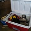 Image 2 : RED COOLER AND GREEN LUGGAGE BAG OF CAMP ITEMS AND PROPANE HEATERS