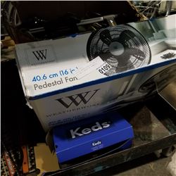 WEATHER WORKS PEDESTAL FAN IN BOX AND 2 PAIRS OF DUMBELLS