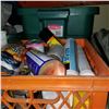 Image 2 : TOTE OF PAINTING SUPPLIES, CRATE OF PAINT, AND CAULK