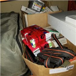 3 BOXES OF STRAPS, SCREWS, NAILS, AND HARDWARE