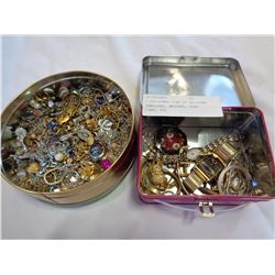 2 CHRISTMAS TINS OF GOLDTONE JEWELLERY, WATCHES, CUFF LINKS, ETC