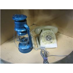 VINTAGE ROTARY PHONE AND BLUE DIETZ LANTERN