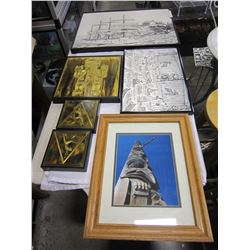 LOT OF ETCHED ART AND FIRST NATIONS TOTEM POLE PICTURE