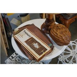 LOT OF WOODEN WARE AND TEAK LAMP