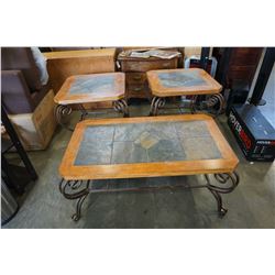 3 PIECE METAL BASE TILE AND WOOD TOP COFFEE TABLE SET