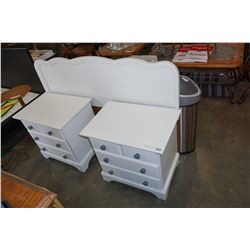 PAIR OF WHITE 2 DRAWER NIGHT STANDS AND QUEEN SIZE HEAD BOARD W/ ROLLER FRAME