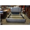 Image 1 : ASHLEY FLOOR MODEL KING SIZE GREY LEATHER AND WOOD BEDFRAME AND MODERN NIGHTSTANDS W/ POWER AND BRAS