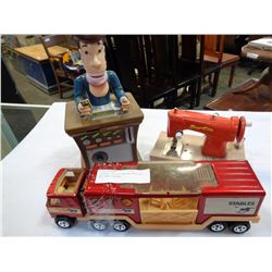 VINTAGE CHILDS SEWING MACHINE AND CARD DEALER AND TRUCK