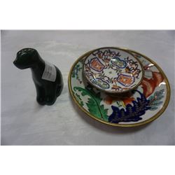 2 PORCELAIN BRASS EASTERN BOWLS AND STONE BEAR