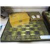 Image 1 : ETCHED METAL CHESS BOARD, WOOD FIGURES, AND CARDS