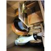 Image 2 : BOX OF ANTIQUE COLLECTIBLES INCLUDE WOODEN ELEPHANT BOOK ENDS