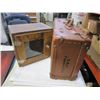 Image 1 : ANTIQUE LEATHER SUITCASE AND SMALL MIRRORED STORAGE CUBBY