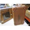 Image 2 : ANTIQUE LEATHER SUITCASE AND SMALL MIRRORED STORAGE CUBBY