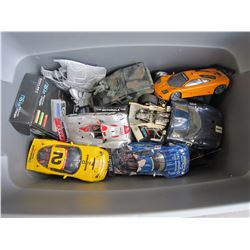 TOTE FULL OF DIECAST CAR MODELS AND SOME RC CARS SOME HOBBY GRADE W/ MULTI CHARGER REMOTES ETC.