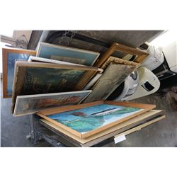 SHELF LOT OF ORIGINAL PAINTINGS AND VARIOUS PRINTS