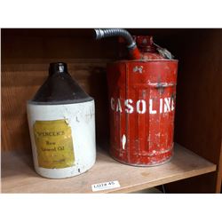 LINSEED OIL CROCK AND VINTAGE GAS CAN