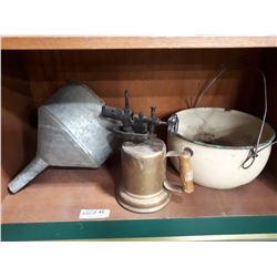 METAL FUNNEL AND BOWL, BRASS TORCH