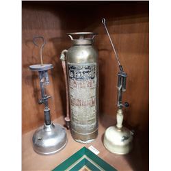 BRASS FIRE EXTINGUISHER AND TWO METAL LANTERNS
