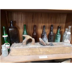 WOODEN PLANE AND ASSORTED BOTTLES