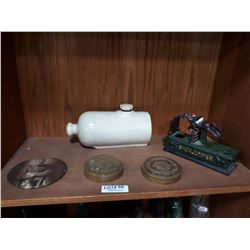 CAST IRON MECHANICAL BANK, BED WARMER, BRASS WEIGHTS