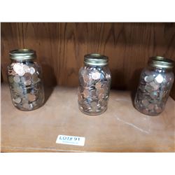 THREE MASON JARS OF PENNIES