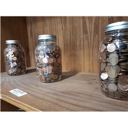 THREE MASON JARS OF PENNIES
