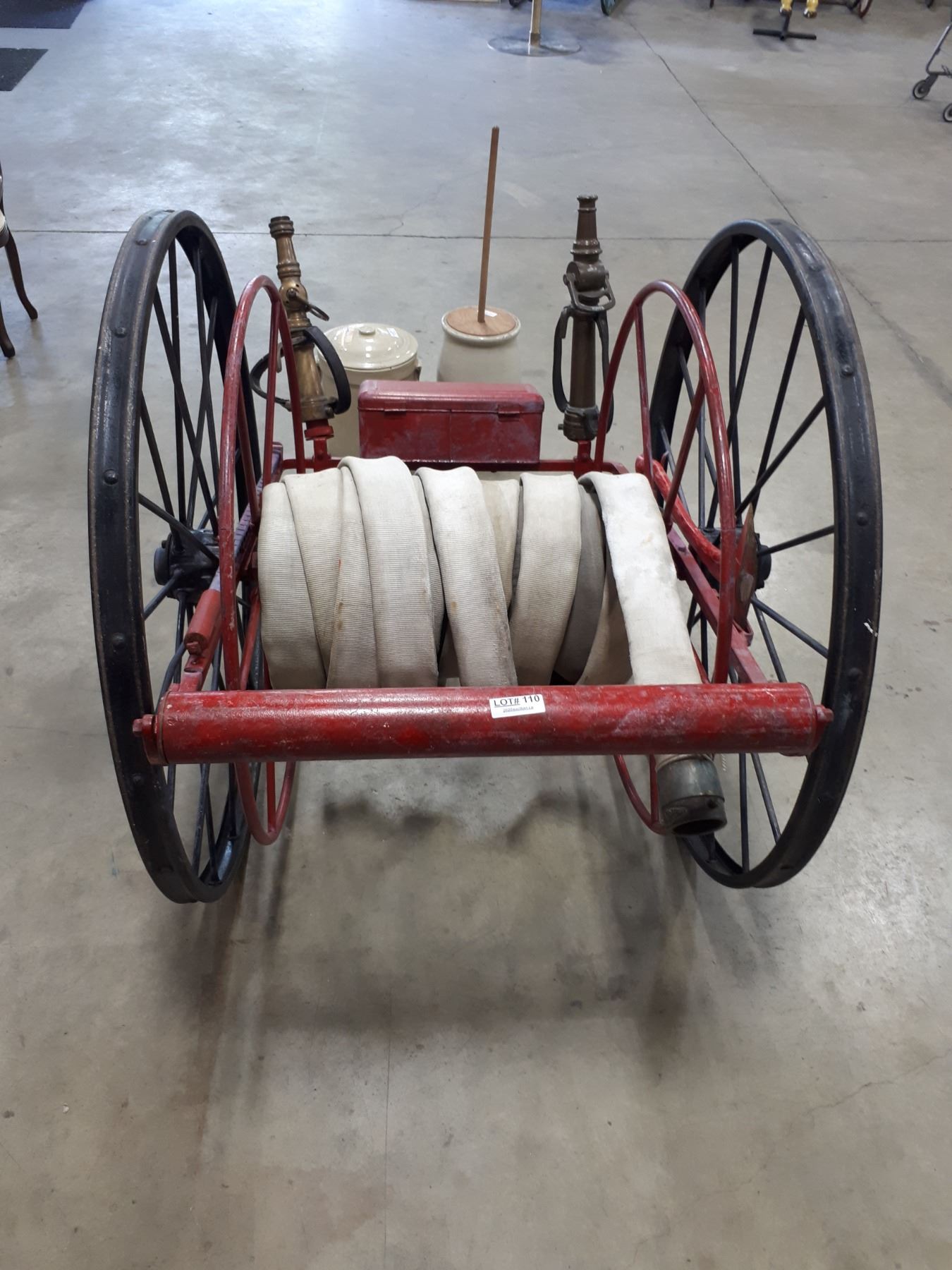 HANDDRAWN FIRE HOSE CART WITH BRASS NOZZLES