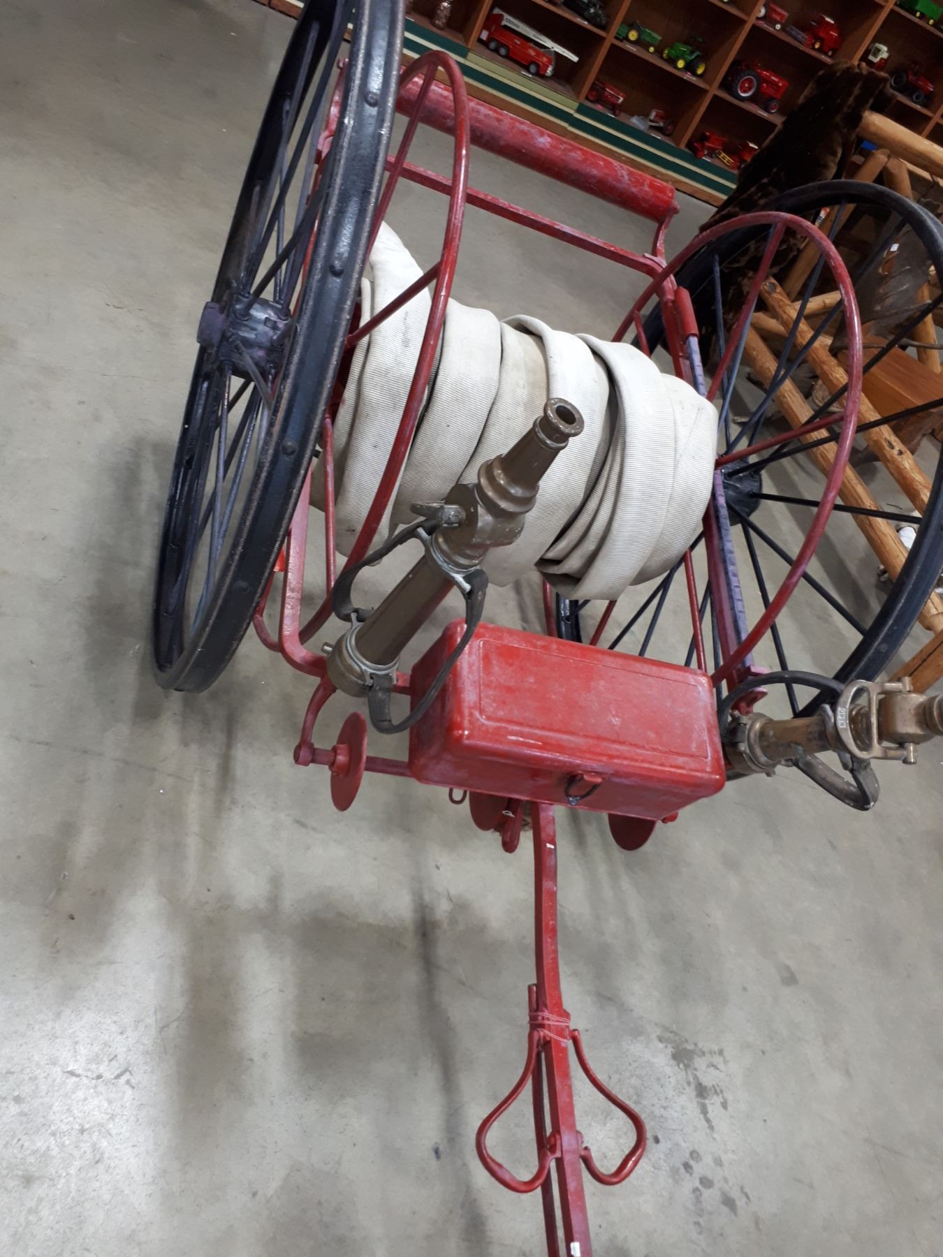 HANDDRAWN FIRE HOSE CART WITH BRASS NOZZLES