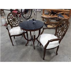 MARBLE TOP PARLOUR TABLE WITH CARVED DETAILS AND TWO CHAIRS