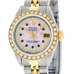 Rolex Ladies 2 Tone 14K Pink MOP Sapphire String Diamond Datejust Wristwatch