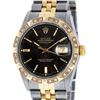 Rolex Mens 2 Tone 14K Black Index Pyramid Diamond Bezel Datejust Wristwatch