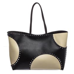 Valentino Garavani Black and Off White Leather Polka Dot Rockstud Tote Handbag