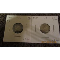 1919 - 1931 CANADA KING GEORGE V SILVER DIMES