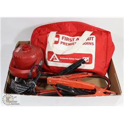 FIRST AID KIT, COLEMAN PUMP & BOOSTER CABLES