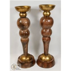 2 LARGE BROWN AND GOLD CANDLE HOLDERS
