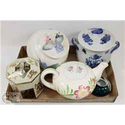 MUSICAL TEA POT, 2 POTTERY CONTAINERS