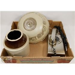 SILVER WALL PHONE AND 2 VINTAGE LAMP SHADES