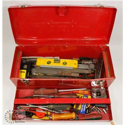 MASTERCRAFT RED TOOL BOX WITH ASSORTED TOOLS.
